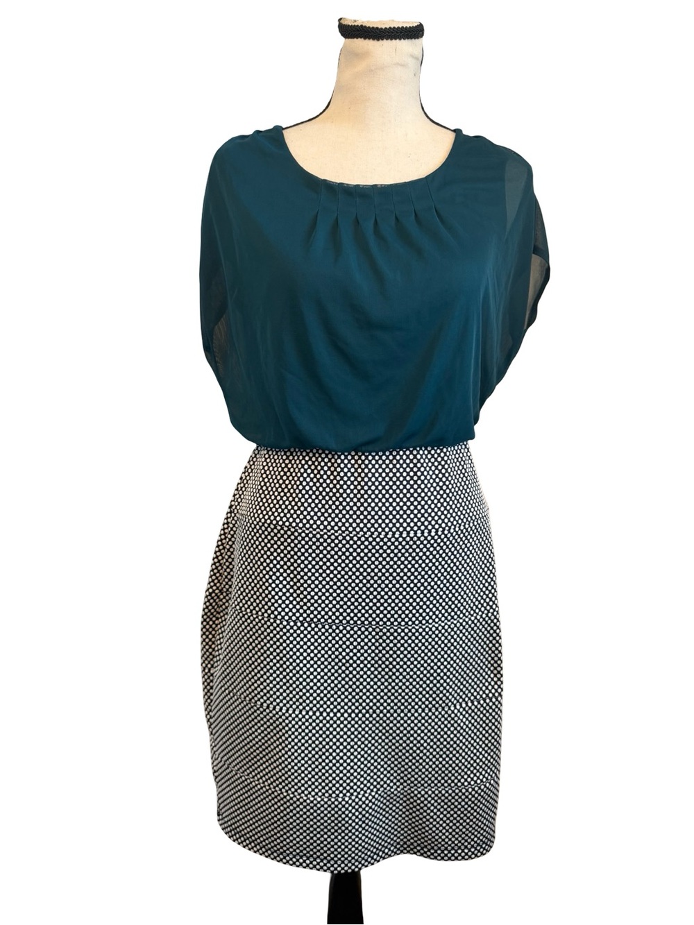 Enfocus Petite Teal Blouson Sheath Dress 10P Polka Dot Pleated Career Office